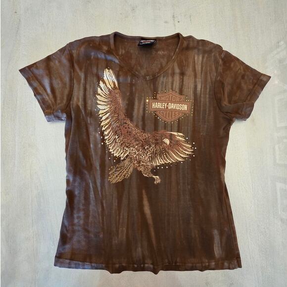 Harley Davidson Women's T-Shirt Rhinestones Eagle SZ Medium Biker - Picture 1 of 7